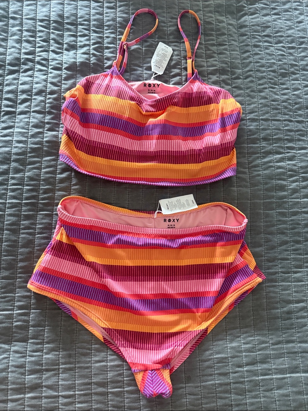 Roxy Girls' Pink Orange Purple Stripe Two-Piece boy short Swimsuit